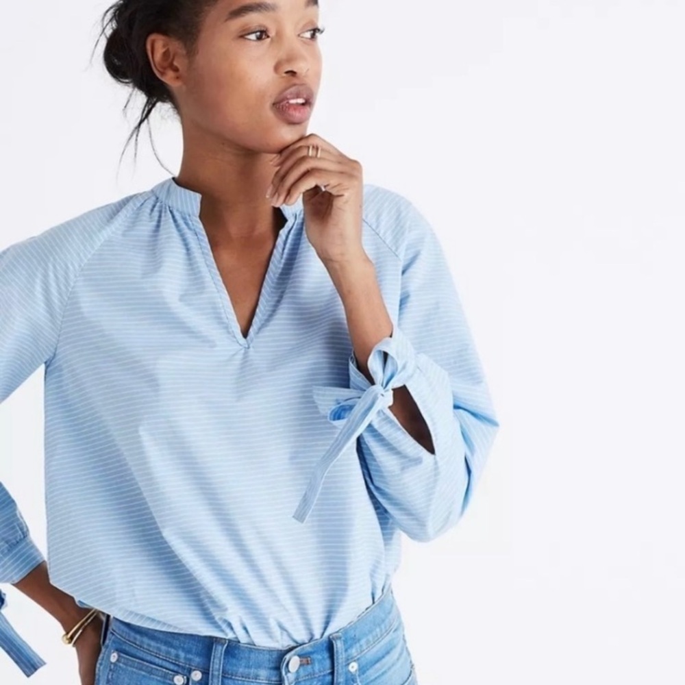 Madewell pale pastel blue and white pinstripe popover blouse. XS